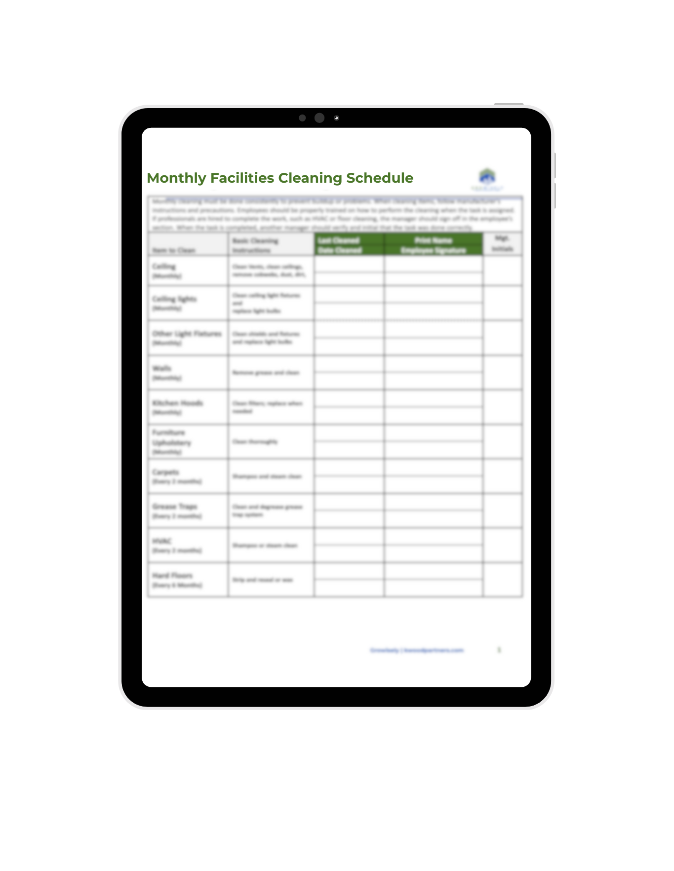 Monthly Facilities Cleaning Schedule Image
